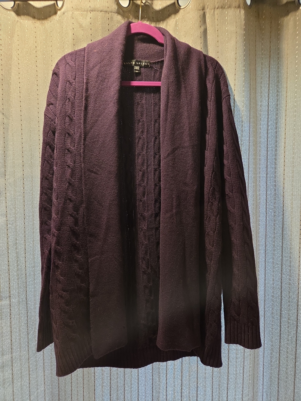 Ralph Lauren 100% Cashmere Cable Knit Shawl Collar Cardigan Sweater L Eggplant